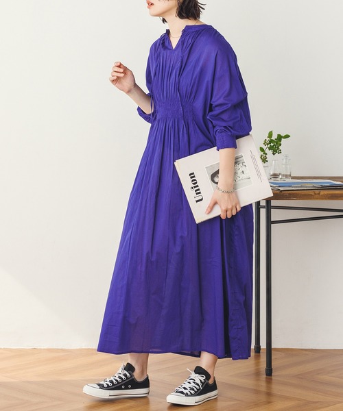 lil nina(リルニーナ)の「コットンボイル シャーリングシャツワンピース(シャツワンピース・レディース・ブルーパープル/ストライプ/ホワイト/ブラック・FREE)」の3枚目の写真