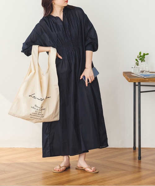 lil nina(リルニーナ)の「コットンボイル シャーリングシャツワンピース(シャツワンピース・レディース・ブルーパープル/ストライプ/ホワイト/ブラック・FREE)」の8枚目の写真