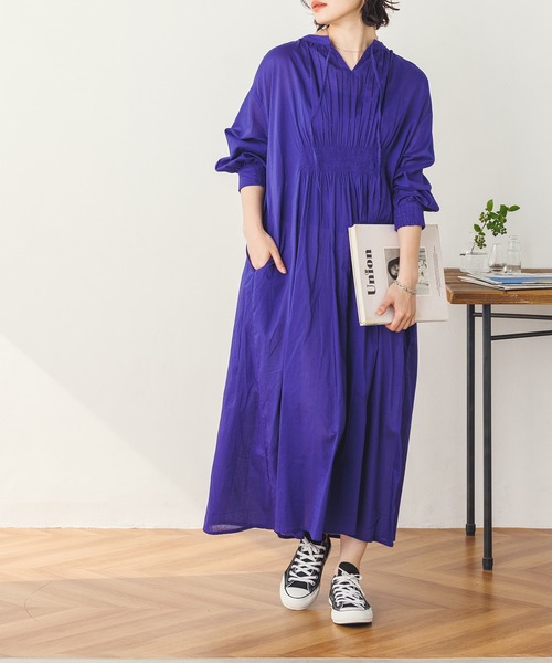 lil nina(リルニーナ)の「コットンボイル シャーリングシャツワンピース(シャツワンピース・レディース・ブルーパープル/ストライプ/ホワイト/ブラック・FREE)」の10枚目の写真
