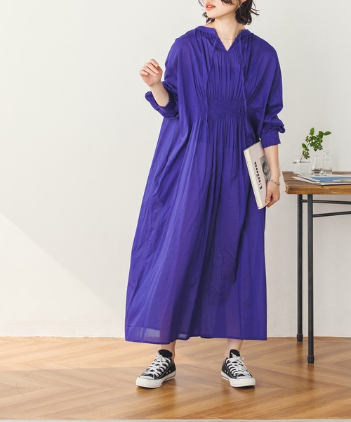 lil nina(リルニーナ)の「コットンボイル シャーリングシャツワンピース(シャツワンピース・レディース・ブルーパープル/ストライプ/ホワイト/ブラック・FREE)」の12枚目の写真
