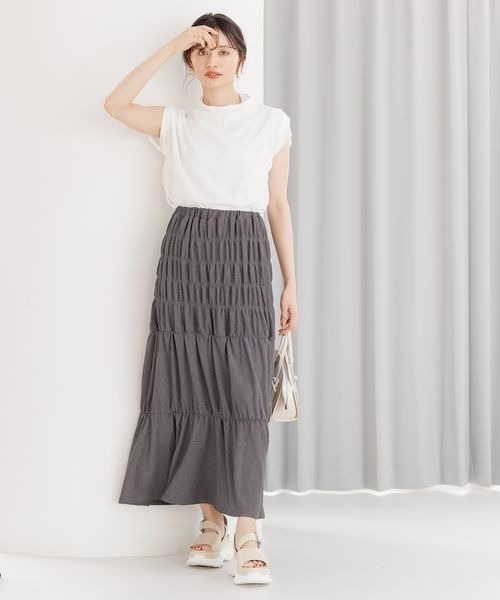 mysty woman(ミスティウーマン)の「【WEB/一部店舗限定】楊柳シャーリングスカート968416(スカート・レディース・グレイッシュベージュ/チャコールグレー/ブラック/オレンジ・FREE)」の17枚目の写真