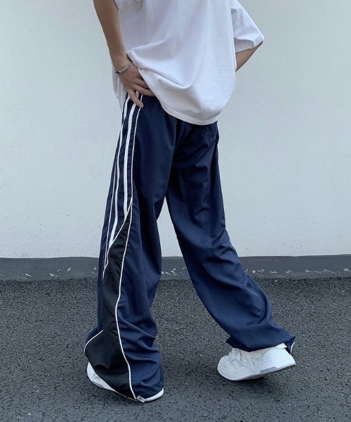 GS ナイロンパンツ M 黒 サイドストライプ テクノパンツ Y's for men STRIPED PATTERN PANTS / WOOL SURGE STRIPE (BLACK