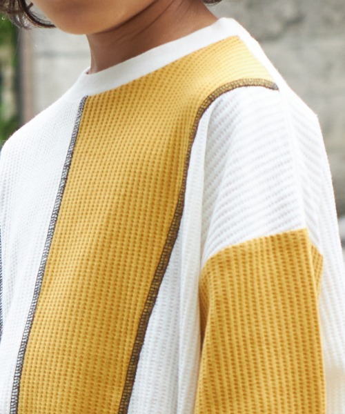 PAIRMANON STREET(ペアマノンストリート)の「【PAIRMANON STREET】切替 配色 ステッチ ワッフル ロンT(Tシャツ/カットソー・キッズ・アイボリー/レッド/パープル系その他・90/130/140/110/120/100/150)」の4枚目の写真