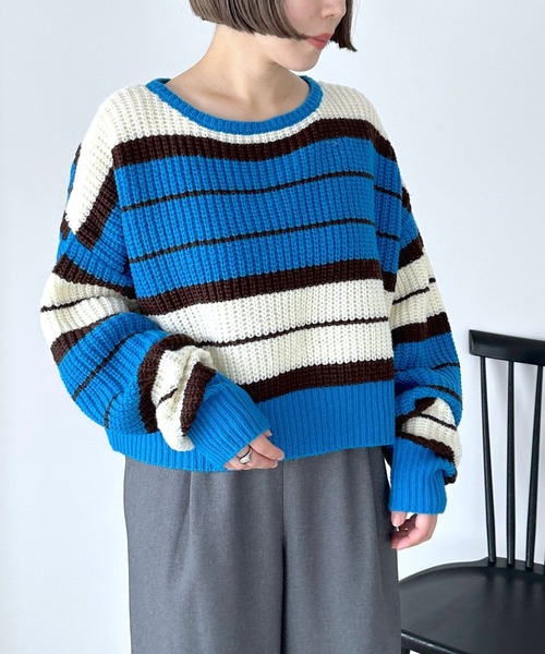 LEPSIM（レプシィム）の「5ゲージマルチボーダープルオーバー　983142（ニット/セーター・レディース・ベージュ/パープル/ブルー・FREE）」の2枚目の写真