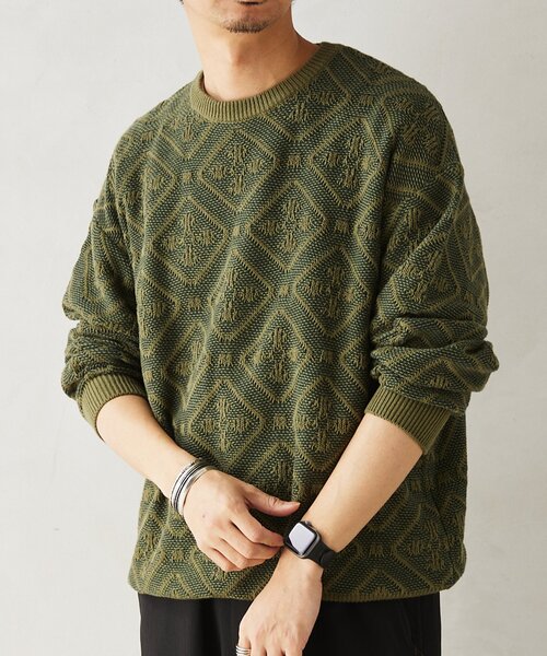 JOURNAL STANDARD relume(ジャーナルスタンダード レリューム)の「CALIFORNIA アモルファス ジャガードクルーネックニット(ニット/セーター・メンズ・ブラック/アイボリー/グリーン/ネイビー・MEDIUM/LARGE)」の3枚目の写真