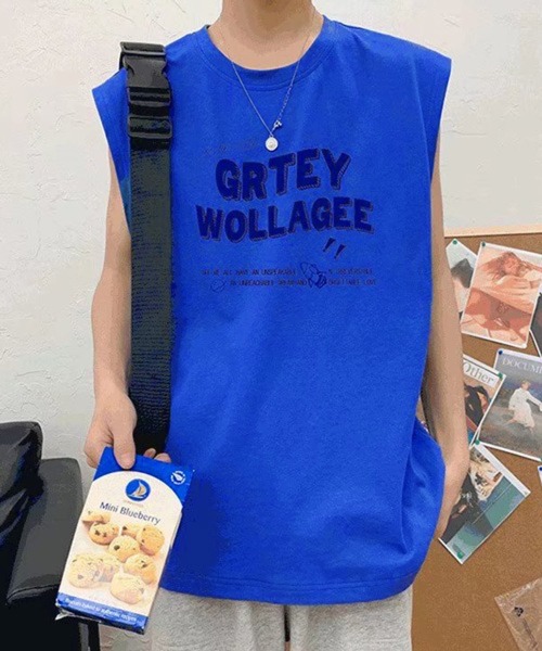 NOWLE(ノウル)の「【NOWLE】ルーズシルエット フロントロゴ ノースリーブ Tシャツ(タンクトップ・メンズ・ブルー/ホワイト/ブラック・LARGE/MEDIUM)」の3枚目の写真