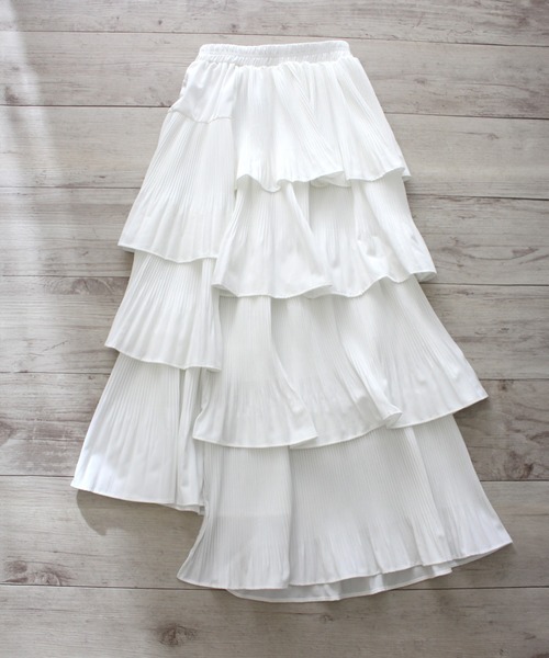 SpRay（スプレイ）の「アシメプリーツティアードロングスカート（スカート・レディース・ブラック/オフホワイト/ベージュ/ライトグレー・FREE）」の5枚目の写真