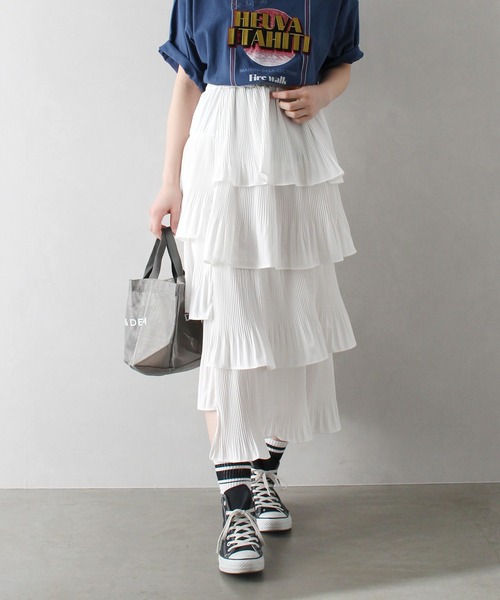 SpRay（スプレイ）の「アシメプリーツティアードロングスカート（スカート・レディース・ブラック/オフホワイト/ベージュ/ライトグレー・FREE）」の19枚目の写真