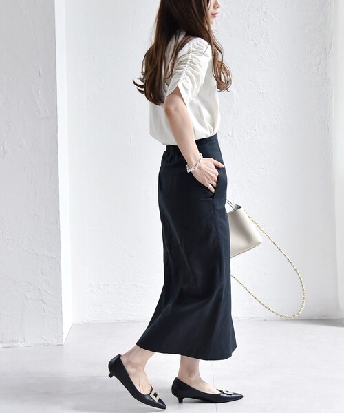 quaranciel:〈手洗い可能〉ラミー ミックス クルーネック ギャザー プルオーバー