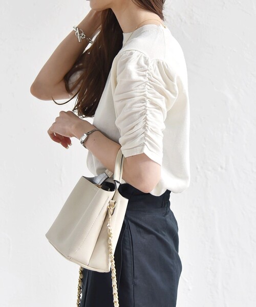 quaranciel:〈手洗い可能〉ラミー ミックス クルーネック ギャザー プルオーバー