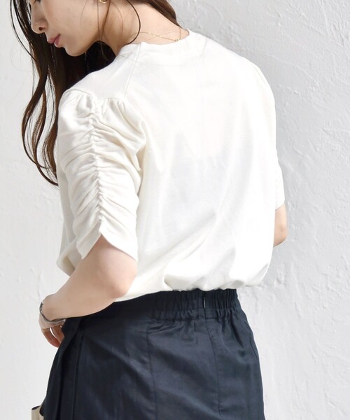 quaranciel:〈手洗い可能〉ラミー ミックス クルーネック ギャザー プルオーバー