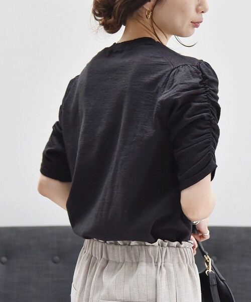 quaranciel:〈手洗い可能〉ラミー ミックス クルーネック ギャザー プルオーバー