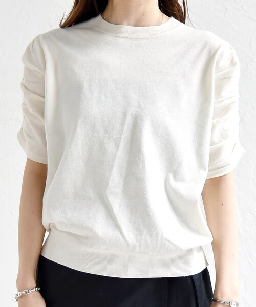 quaranciel:〈手洗い可能〉ラミー ミックス クルーネック ギャザー プルオーバー