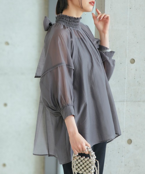 洗える ｜ シアーボリュームバックリボンブラウス ｜ 半袖 ランタン