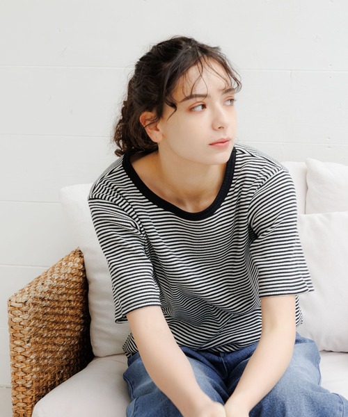 LAKOLE(ラコレ)の「コットンテレコベーシックカットソー / 122489(Tシャツ/カットソー・レディース・ライトブルー/ブラック/ベージュ/アイボリー/ホワイト×ブラック/ホワイト×イエロー・SMALL/MEDIUM)」の11枚目の写真