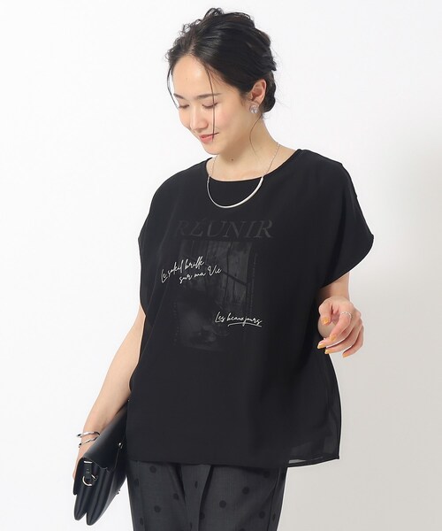 DRESKIP（ドレスキップ）の「◆1枚でサマ見え シフォンレイヤード 転写プリントTシャツ（Tシャツ/カットソー・レディース・イエロー/グリーン/ブラック/オフホワイト/グレー・02/03/04）」の3枚目の写真