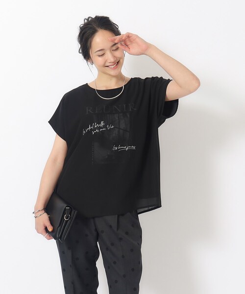 DRESKIP（ドレスキップ）の「◆1枚でサマ見え シフォンレイヤード 転写プリントTシャツ（Tシャツ/カットソー・レディース・イエロー/グリーン/ブラック/オフホワイト/グレー・02/03/04）」の10枚目の写真