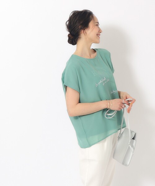 DRESKIP（ドレスキップ）の「◆1枚でサマ見え シフォンレイヤード 転写プリントTシャツ（Tシャツ/カットソー・レディース・イエロー/グリーン/ブラック/オフホワイト/グレー・02/03/04）」の15枚目の写真