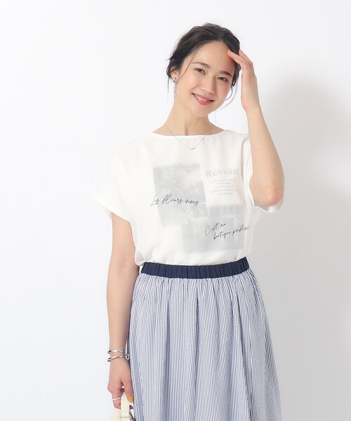 DRESKIP（ドレスキップ）の「◆1枚でサマ見え シフォンレイヤード 転写プリントTシャツ（Tシャツ/カットソー・レディース・イエロー/グリーン/ブラック/オフホワイト/グレー・02/03/04）」の18枚目の写真