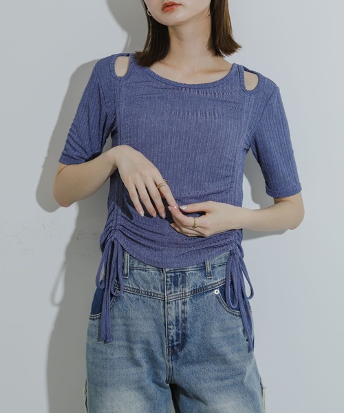 セール】カットアウトシャーリングトップ(5分袖)（Tシャツ