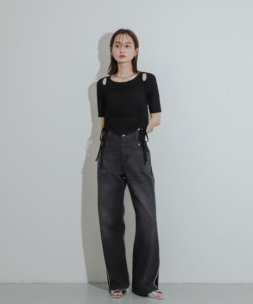 HEYUMM（ヘユム）の「カットアウトシャーリングトップ(5分袖)（Tシャツ/カットソー・レディース・ブルー/ブラウン/ブラック・ONE）」の14枚目の写真
