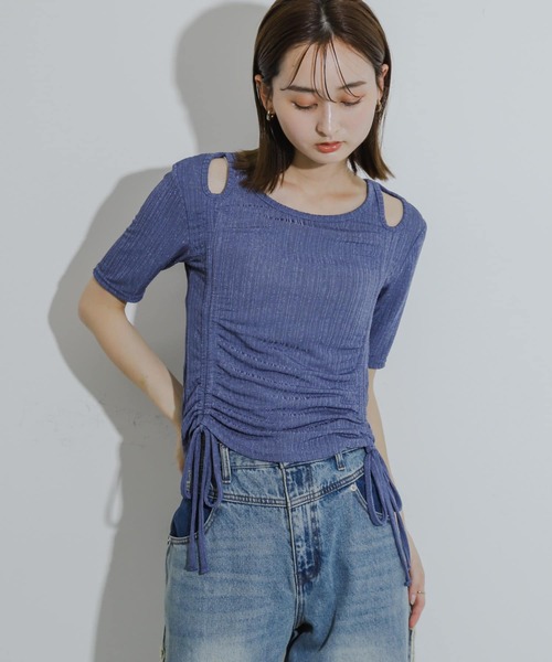 HEYUMM（ヘユム）の「カットアウトシャーリングトップ(5分袖)（Tシャツ/カットソー・レディース・ブルー/ブラウン/ブラック・ONE）」の16枚目の写真