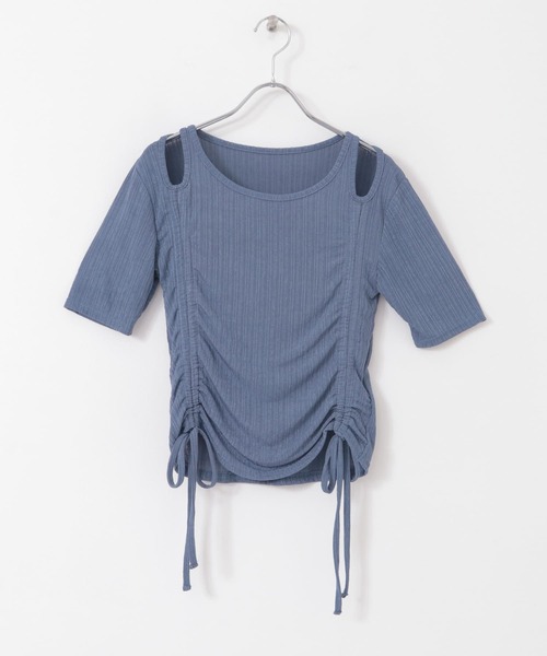 UNMINOU シャーリングヨークカットソー セール】カットアウトシャーリングトップ(5分袖)(Tシャツ
