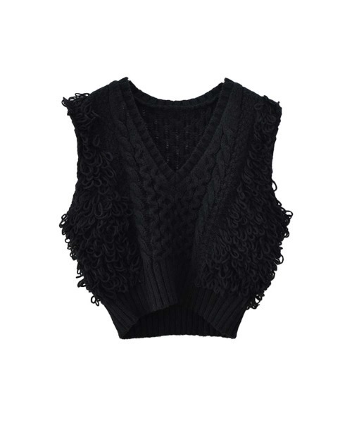 Vネックループヤーンニットベスト/Vneck loop yarn knit vest ノースリーブ タンクトップ フリンジ 重ね着 レイヤード ジレ アイボリー ホワイト 白 黒 ブラック(ベスト)|Reurie'(レウリィ) Vネックループヤーンニットベスト/Vneck loop yarn knit vest ノースリーブ タンクトップ フリンジ 重ね着 レイヤード ジレ アイボリー ホワイト 白 黒 ブラック(ベスト)|Reurie'(レウリィ)