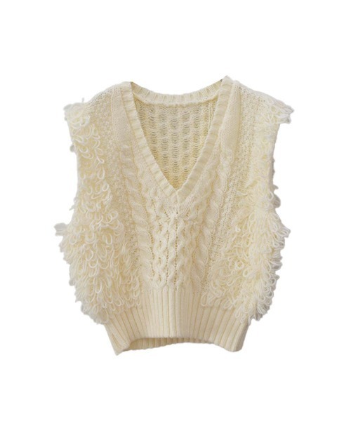 Vネックループヤーンニットベスト/Vneck loop yarn knit vest ノースリーブ タンクトップ フリンジ 重ね着 レイヤード ジレ アイボリー ホワイト 白 黒 ブラック(ベスト)|Reurie'(レウリィ) Vネックループヤーンニットベスト/Vneck loop yarn knit vest ノースリーブ タンクトップ フリンジ 重ね着 レイヤード ジレ アイボリー ホワイト 白 黒 ブラック(ベスト)|Reurie'(レウリィ)