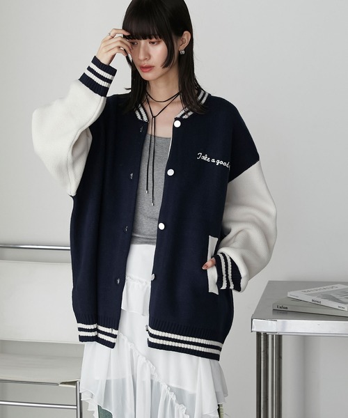 forksy.】スタジャンデザインバックロゴニットカーディガン forksy