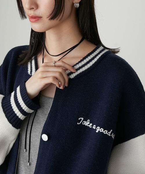 forksy.】スタジャンデザインバックロゴニットカーディガン forksy