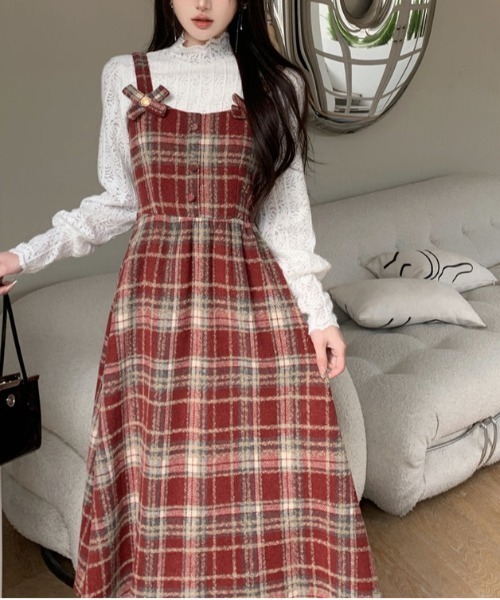 Y2K チェック柄スイッチングロングキャミワンピース（ワンピース