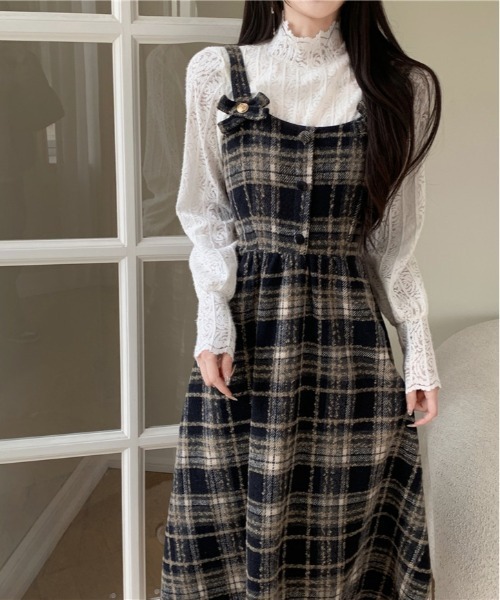Y2K チェック柄スイッチングロングキャミワンピース（ワンピース
