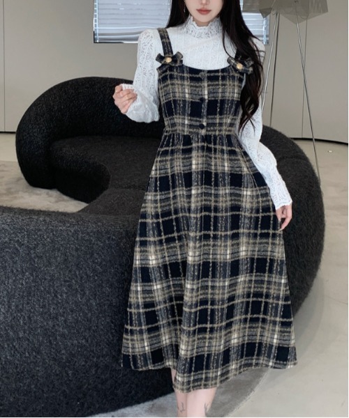 Y2K チェック柄スイッチングロングキャミワンピース（ワンピース