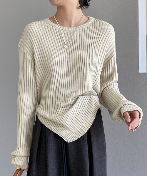 Alum'(アルム)の「変形リブニットトップス(ニット/セーター・レディース・ピンク/モスグリーン/パープル/オートミール/アイボリー・FREE)」の1枚目の写真
