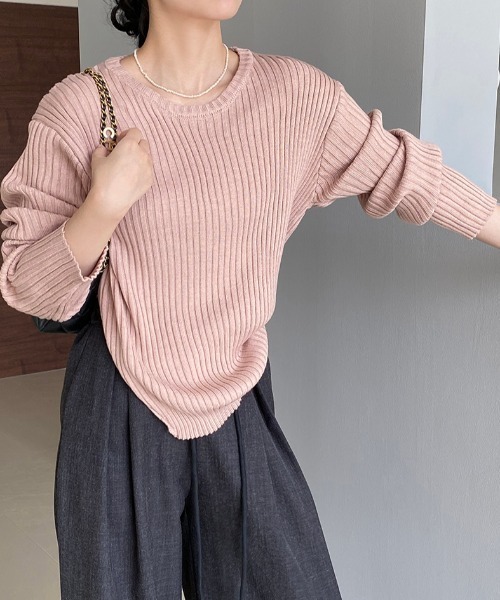 Alum'(アルム)の「変形リブニットトップス(ニット/セーター・レディース・ピンク/モスグリーン/パープル/オートミール/アイボリー・FREE)」の18枚目の写真