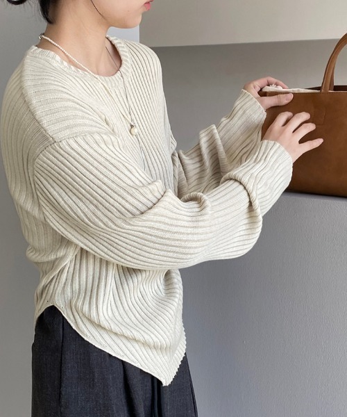 Alum'(アルム)の「変形リブニットトップス(ニット/セーター・レディース・ピンク/モスグリーン/パープル/オートミール/アイボリー・FREE)」の12枚目の写真