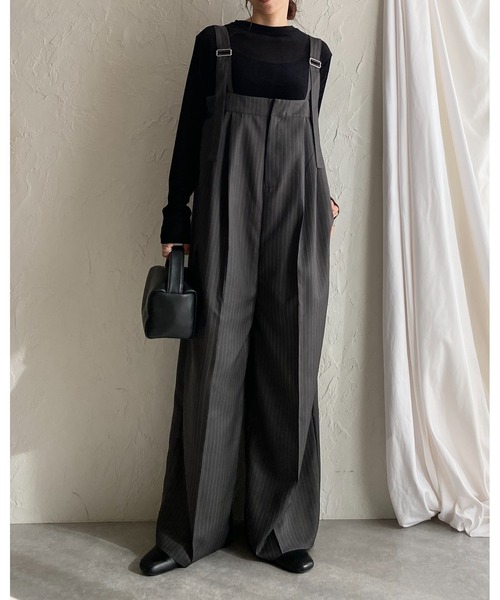 セール】フロントジップタック入りピンストライプオールインワンワイド