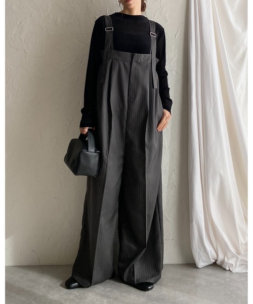 セール】フロントジップタック入りピンストライプオールインワンワイド