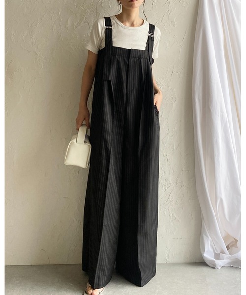 セール】フロントジップタック入りピンストライプオールインワンワイド