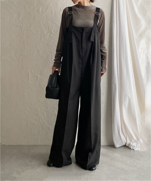 セール】フロントジップタック入りピンストライプオールインワンワイド