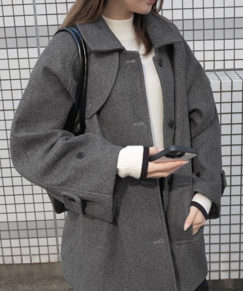 パラスパレス♡アシンメトリー ビッグカラー ウール コート 2 生成色 日本製 セール】ビッグシルエットウールタッチ比翼ステンカラーコート（ステン