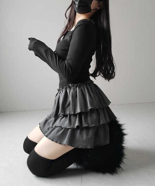 me+em select（ミームセレクト）の「【 新色ピンク追加！４color 】３段フリルカットソーミニスカパン ／ 3 frill cutsew mini skirt pants（スカート・レディース・チャコール/ブラック/グレー/ピンク・FREE）」の5枚目の写真