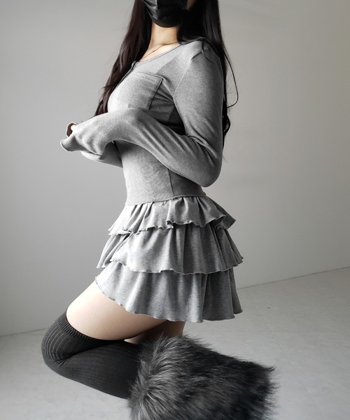 me+em select（ミームセレクト）の「【 新色ピンク追加！４color 】３段フリルカットソーミニスカパン ／ 3 frill cutsew mini skirt pants（スカート・レディース・チャコール/ブラック/グレー/ピンク・FREE）」の15枚目の写真