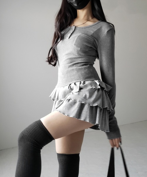 me+em select（ミームセレクト）の「【 新色ピンク追加！４color 】３段フリルカットソーミニスカパン ／ 3 frill cutsew mini skirt pants（スカート・レディース・チャコール/ブラック/グレー/ピンク・FREE）」の18枚目の写真