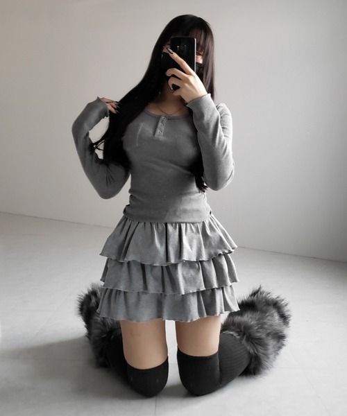 me+em select（ミームセレクト）の「【 新色ピンク追加！４color 】３段フリルカットソーミニスカパン ／ 3 frill cutsew mini skirt pants（スカート・レディース・チャコール/ブラック/グレー/ピンク・FREE）」の21枚目の写真