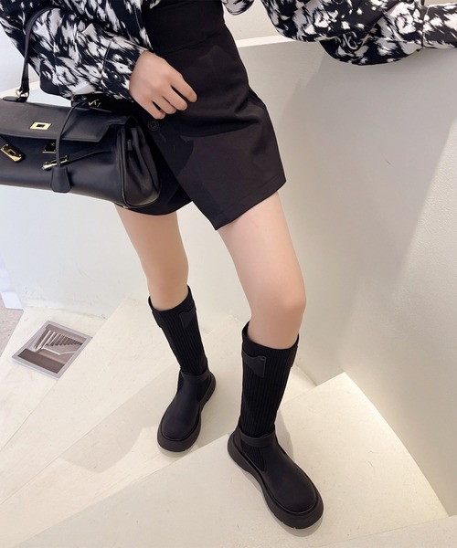 Lace Ladies(レースレディース)の「異素材 ソックス 厚底 ベルト付き ロング ブーツ(ブーツ・レディース・ブラック/アイボリー/グレー・25cm/24.5cm/24cm/23.5cm/22.5cm/23cm)」の6枚目の写真