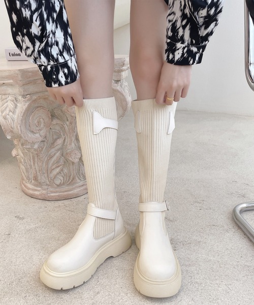 Lace Ladies(レースレディース)の「異素材 ソックス 厚底 ベルト付き ロング ブーツ(ブーツ・レディース・ブラック/アイボリー/グレー・25cm/24.5cm/24cm/23.5cm/22.5cm/23cm)」の14枚目の写真