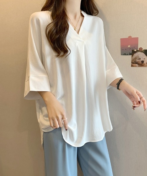SEU(エスイーユー)の「レディース 体型カバー プルオーバー ドルマンブラウス スリーブ 薄手 スキッパー 洗える/UVケア ビッグシルエット 韓国風 オフィスカジュアル きれいめカジュアル(シャツ/ブラウス・レディース・ベージュ/ネイビー/ホワイト/ブラック・フリー)」の6枚目の写真