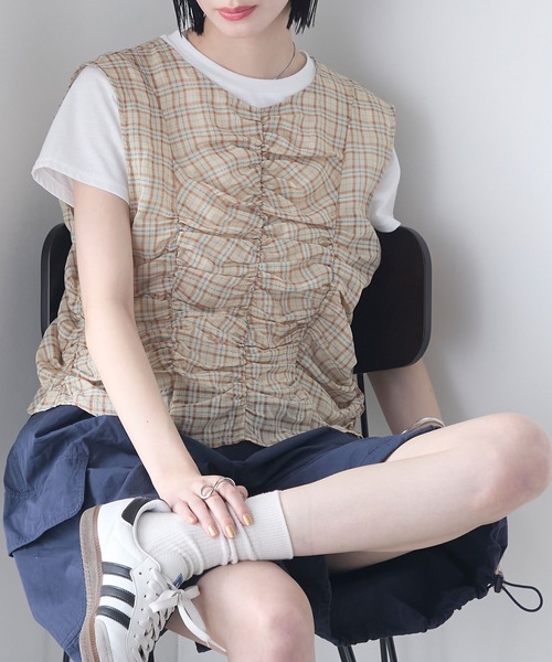 forksy.】シアー チェック柄 ノースリブラウス ＆ Tシャツ